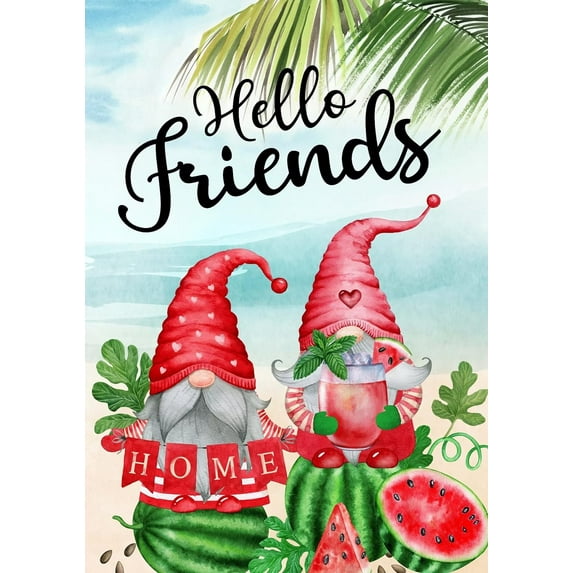 Hello Friends Summer Garden Flag Vertical Double Sided Cute Gnomes Hold Watermelon Tropical Beach Home Yard Flag Outdoor Seasonal Decoration 28 x 40 Inch