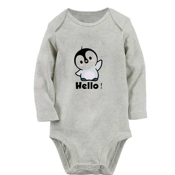 Hello Funny Rompers, Newborn Baby Unisex Bodysuits, Infant Animal Penguin Pattern Jumpsuits, Toddler 0-12 Months Kids Long Sleeves Oufits (Gray, 0-6 Months)