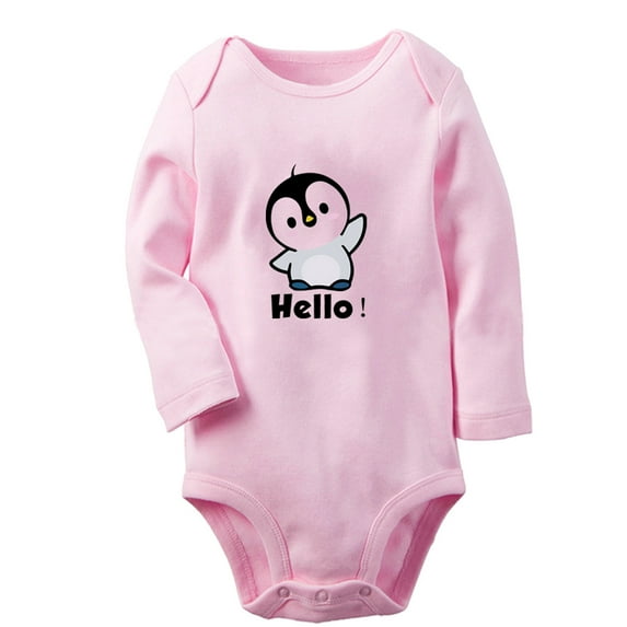 Hello Funny Rompers, Newborn Baby Unisex Bodysuits, Infant Animal Penguin Pattern Jumpsuits, Toddler 0-12 Months Kids Long Sleeves Oufits (Pink, 0-6 Months)