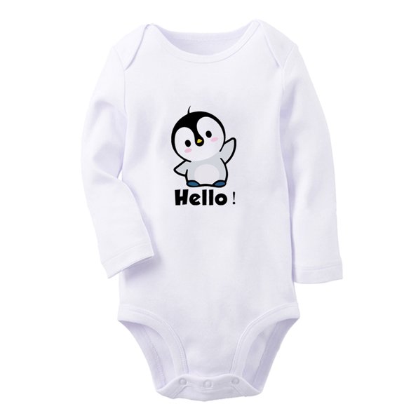 Hello Funny Rompers, Newborn Baby Unisex Bodysuits, Infant Animal Penguin Pattern Jumpsuits, Toddler 0-12 Months Kids Long Sleeves Oufits (White, 0-6 Months)