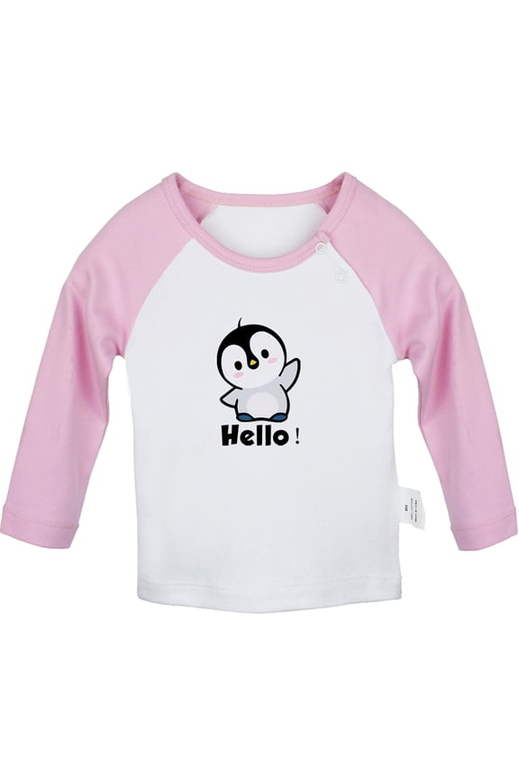 Hello Funny T shirt For Baby, Newborn Babies Animal Penguin T-shirts, Infant Tops, 0-24M Kids Graphic Tees Clothing (Long Pink Raglan T-shirt, 18-24 Months)