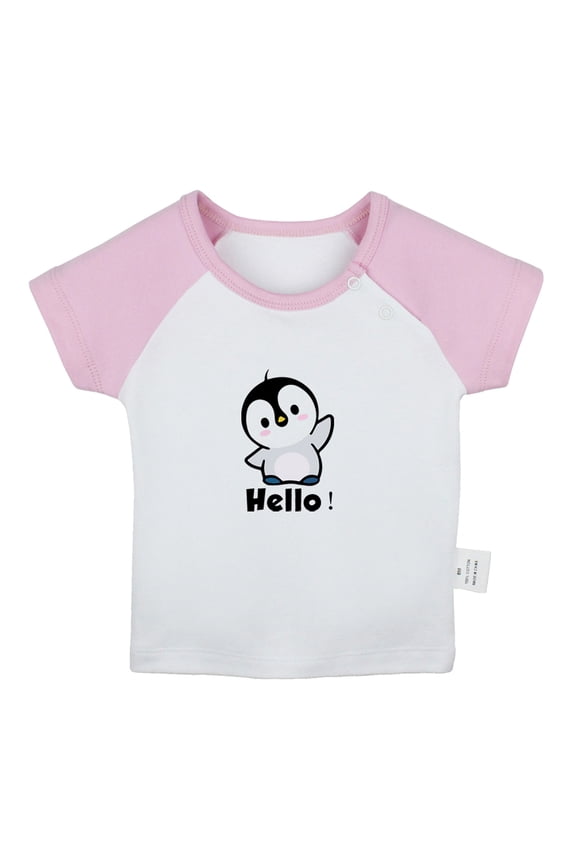 Hello Funny T shirt For Baby, Newborn Babies Animal Penguin T-shirts, Infant Tops, 0-24M Kids Graphic Tees Clothing (Short Pink Raglan T-shirt, 0-6 Months)