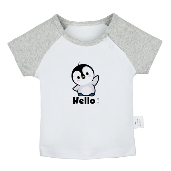 Hello Funny T shirt For Baby, Newborn Babies Animal Penguin T-shirts, Infant Tops, 0-24M Kids Graphic Tees Clothing (Short Gray Raglan T-shirt, 12-18 Months)