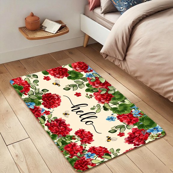 Hello Geranium Floral Bee Floor Mat 24 x 36 Inch, Spring Red Flower Botanical Decorative Doormat, NonSlip Absorbent Indoor Entryway Rug for Home Decor