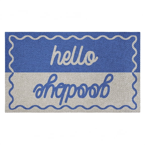 Hello Goodbye Blue & White Outdoor Door Mat, design by Lil' Rue, 18"x30"