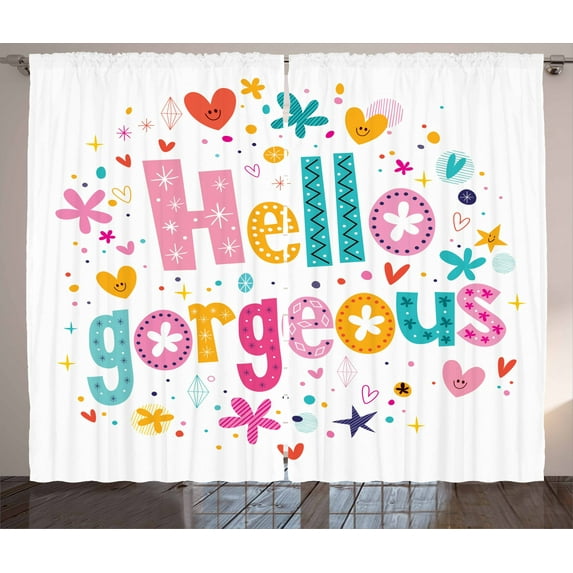 Ambesonne Hello Gorgeous Curtains 2 Panel Set, Colorful Art Words, 108" x 63", Multicolor