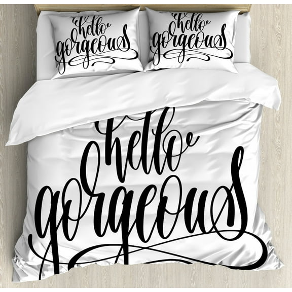 Hello Gorgeous Duvet Cover Set King Size, Unique Handwriting Style Font Calligraphy Phrase on White Background, Decorative 3 Piece Bedding Set with 2 Pillow Shams, Black White, by Ambesonne