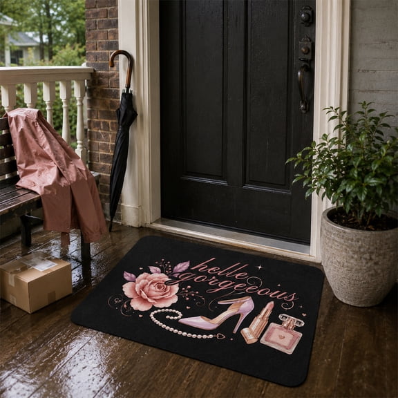 Hello Gorgeous Fashion Print Diatomaceous Earth Doormat, Glam Pink Rose High Heel Perfume Welcome Mat, Absorbent Non-Slip Fast Drying Floor Rug, Coquette Style Decor Floor Mat, 2 Sizes Available