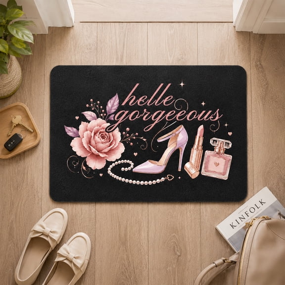 Hello Gorgeous Fashion Print Diatomaceous Earth Doormat, Glam Pink Rose High Heel Perfume Welcome Mat, Absorbent Non-Slip Fast Drying Floor Rug, Coquette Style Decor Floor Mat, 2 Sizes Available