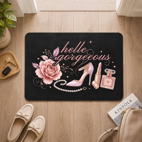 Hello Gorgeous Fashion Print Diatomaceous Earth Doormat, Glam Pink Rose High Heel Perfume Welcome Mat, Absorbent Non-Slip Fast Drying Floor Rug, Coquette Style Decor Floor Mat, 2 Sizes Available