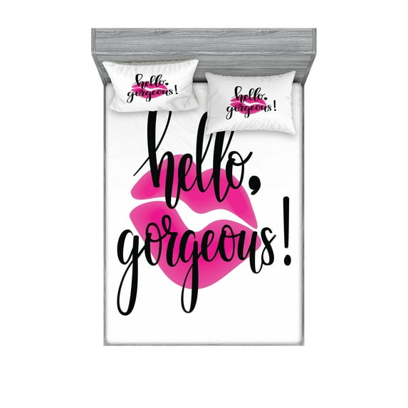 Hello Gorgeous Fitted Sheet & Pillow Sham Set, Modern Saying with Lipstick for Ladies Girls, Decorative Printed 6 Piece Bedding Decor Set, Calking, Black White and Pink, by Ambesonne