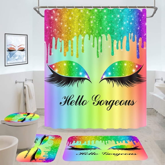 Hello Gorgeous Shower Curtain Set, 4PCS Luxury Glitter Bling Drips Pretty Eyelash Bathroom Sets with Shower Curtains, Bath Rug, Toilet Lid Cover and U Shaped Mat, 12 Hooks, SETLSGU19