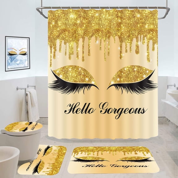 Hello Gorgeous Shower Curtain Set, 4PCS Yellow Bathroom Sets with Golden Glitter Eyelash Twinkle Drips Shower Curtains, Bath Rug, Toilet Lid Cover & U Shaped Mat, 12 Hooks, Yellow, SETLSGU11