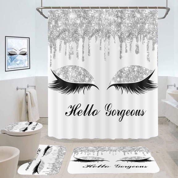 Glam Shower Curtain Sets 4-Piece Waterproof Polyester 72x72 Inch, Rainbow Glitter Design with Non-Slip Bath Mat & Toilet Cover, Bathroom Decor Includes 12 Hooks