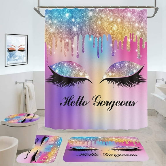 Hello Gorgeous Shower Curtain Set, 4PCS Yellow Bathroom Sets with Golden Glitter Eyelash Twinkle Drips Shower Curtains, Bath Rug, Toilet Lid Cover & U Shaped Mat, 12 Hooks, Yellow