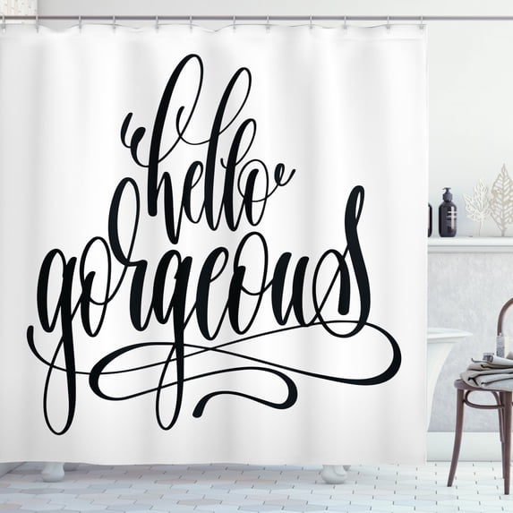 Hello Gorgeous Shower Curtain, Unique Handwriting Style Font Calligraphy Phrase on White Background, Fabric Bathroom Set with Hooks, 69W X 84L Inches Extra Long, Black and White, by Ambesonne
