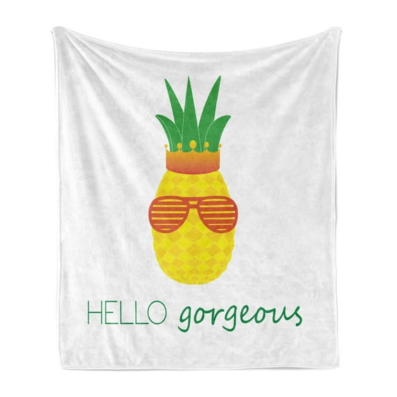 Hello Gorgeous Soft Flannel Fleece Throw Blanket, Colorful Doodle Pineapple with Crown and Glasses and Graphic Phrase Theme, Cozy Plush for Indoor and Outdoor Use, 50" x 70", Multicolor, by Ambesonne