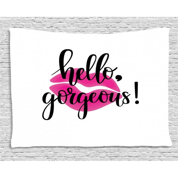 Hello Gorgeous Tapestry, Modern Motivational Saying with Lipstick Symbol for Ladies Girls, Wall Hanging for Bedroom Living Room Dorm Decor, 80W X 60L Inches, Black White and Pink, by Ambesonne