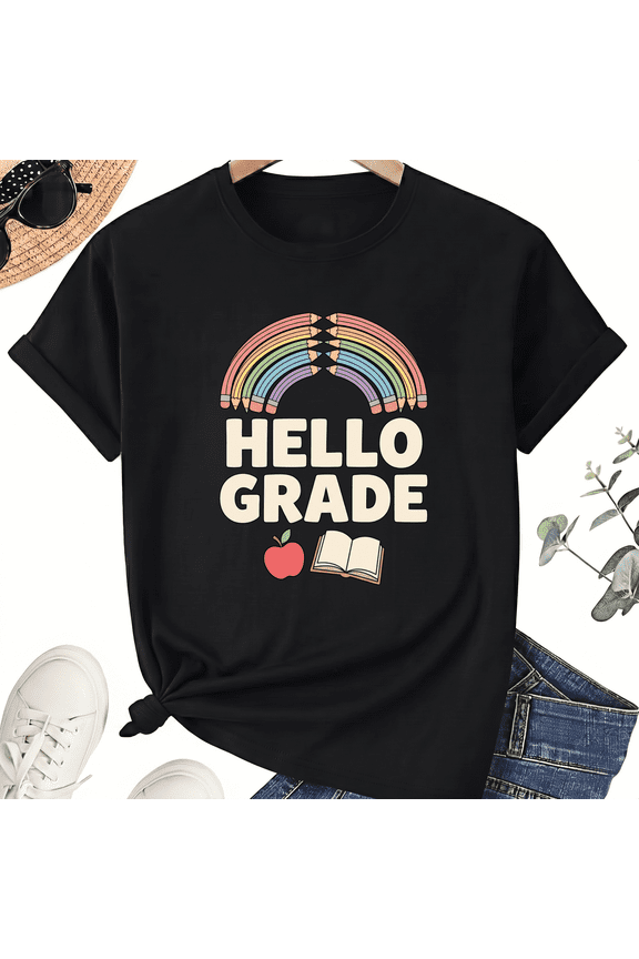 Hello Grade Rainbow Teacher T-Shirt, 100% Cotton Unisex Crew Neck Short Sleeve