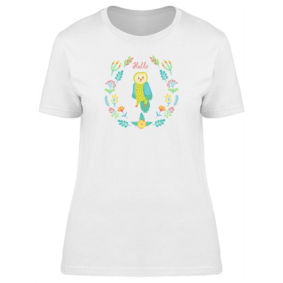 Hello Green Owl On Wreath T-Shirt Women -Image by Shutterstock, Female x-Large