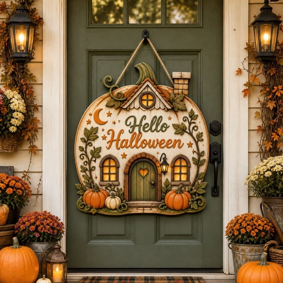 Hello Halloween Pumpkin Cottage Wooden Sign Door Hanger Front Door Decor