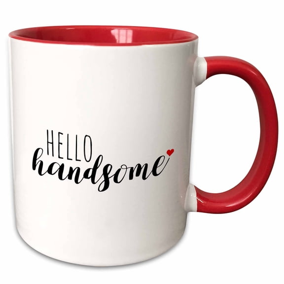 3drose, Hello Handsome with Red Heart on the End. Black Lettering on White., 11oz Two-tone Red Mug