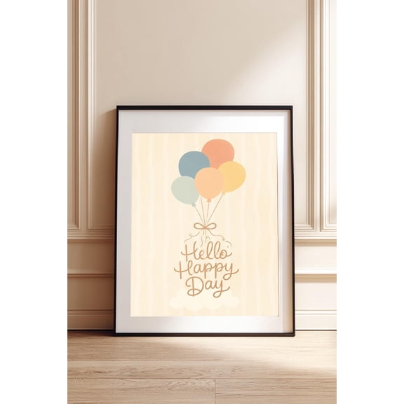 Hello Happy Day Print, Balloon Nursery Quote Art, Kids Room Poster Physical Wall Art , Poster Print Only