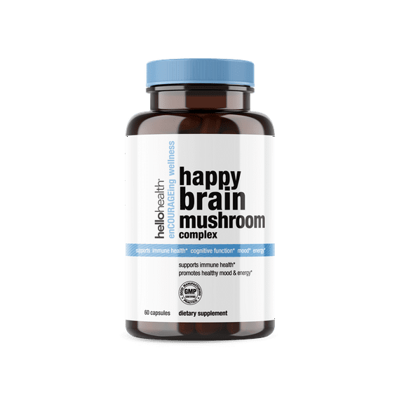 Hello Health Happy Brain - Nootropics Brain Supplement with 10 Brain Support Mushrooms, Mental Clarity, Stress Relief & Immune Support - 60 Capsules