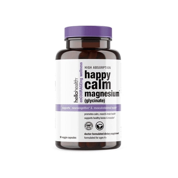 Hello Health Magnesium Glycinate 400mg Pure Magnesium Bisglycinate- Natural Calm, Sleep Support, Stress Relief, Heart, Muscle Recovery & Joint Support - 90 Caps
