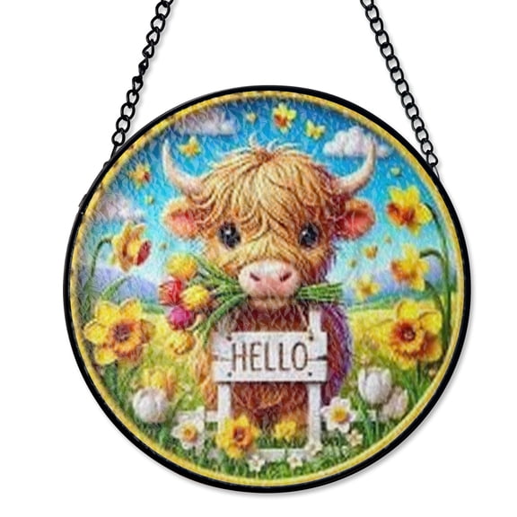 Hello Highland Cow Spring Stained Glass Suncatcher UV Printed Glass Farm Animal Floral Decor Round