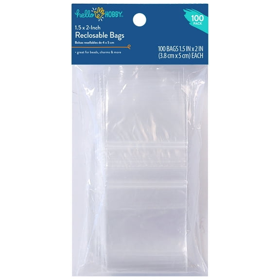 Hello Hobby 1.5"x 2" Reclosable Plastic Bags 100-Pack  Small Clear Zip Bags for Jewelry Making & Craft Storage