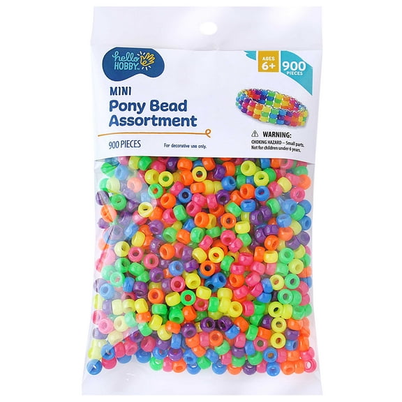 Hello Hobby Mini Pony Bead Mix, Multicolored Neon, 900 Pieces, Plastic Craft Beads for Jewelry Making and DIY Projects