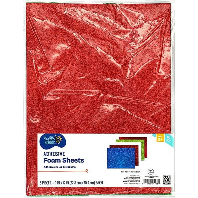 Hello Hobby 9" x 12" Adhesive Glitter Foam Sheets for Crafts, 5 Assorted Colors, 5Pc