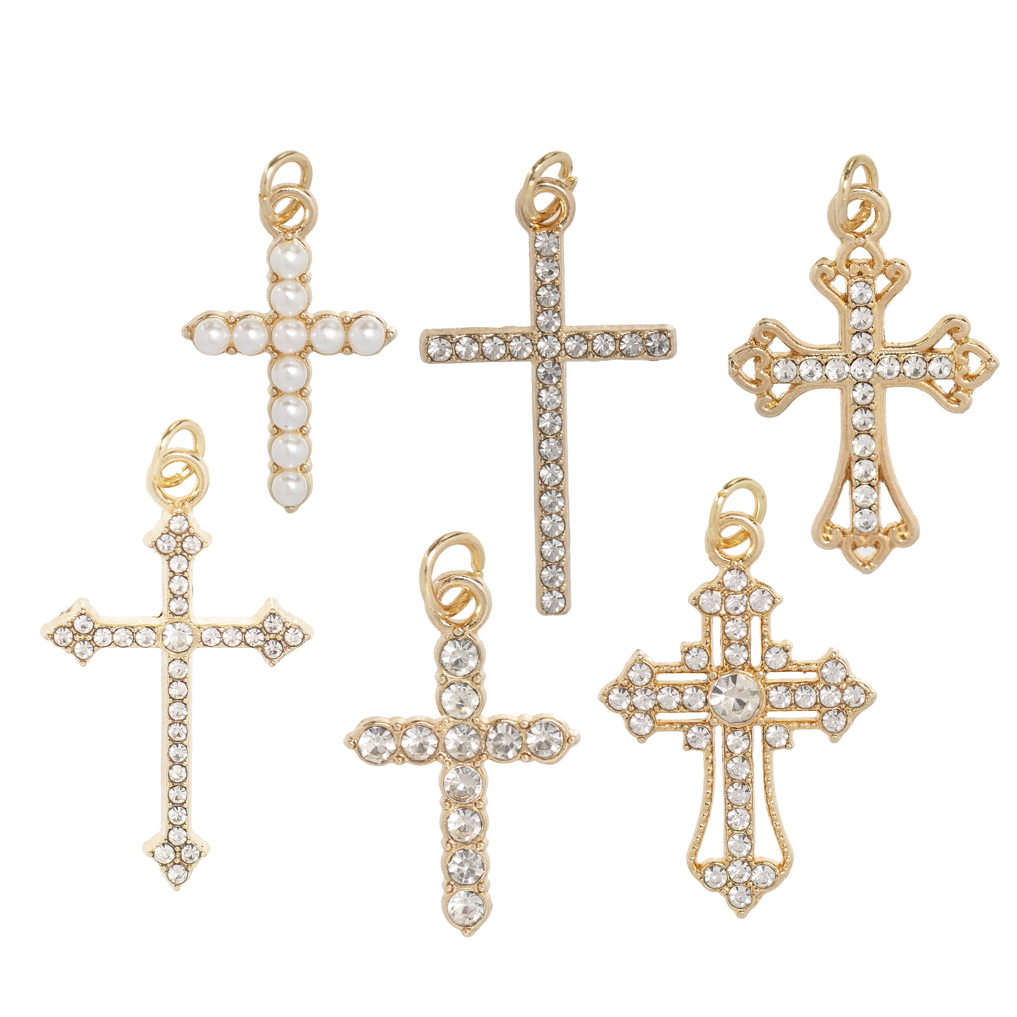 CousinDIY Charm Rhinestone Crosses, 6 Pieces, Silver Tone Religious Jewelry Making Charms