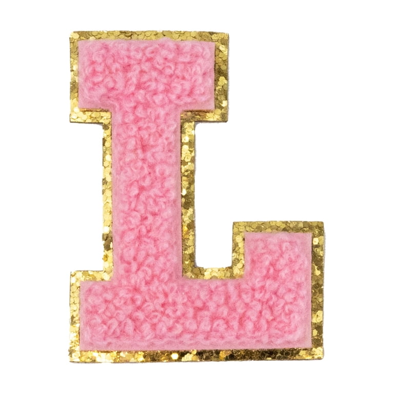 Jongdari Chenille Iron-On Letter Patches - Letter L With Gold Glitter Border, 3.2 Inch, 4 Pack, Pink, For Clothing & DIY