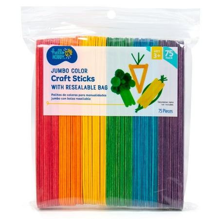 Hello Hobby Jumbo Wood Multicolor Craft Sticks, 75-Pack
