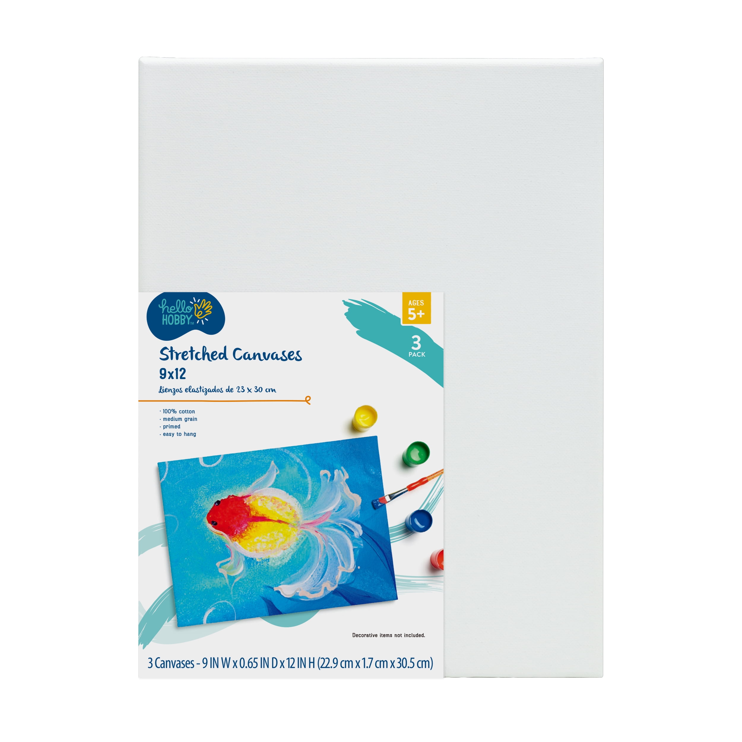 Hello Hobby Kids Canvas, 100% Cotton Acid Free White Stretched Canvas, 9"x12", 3 Pack