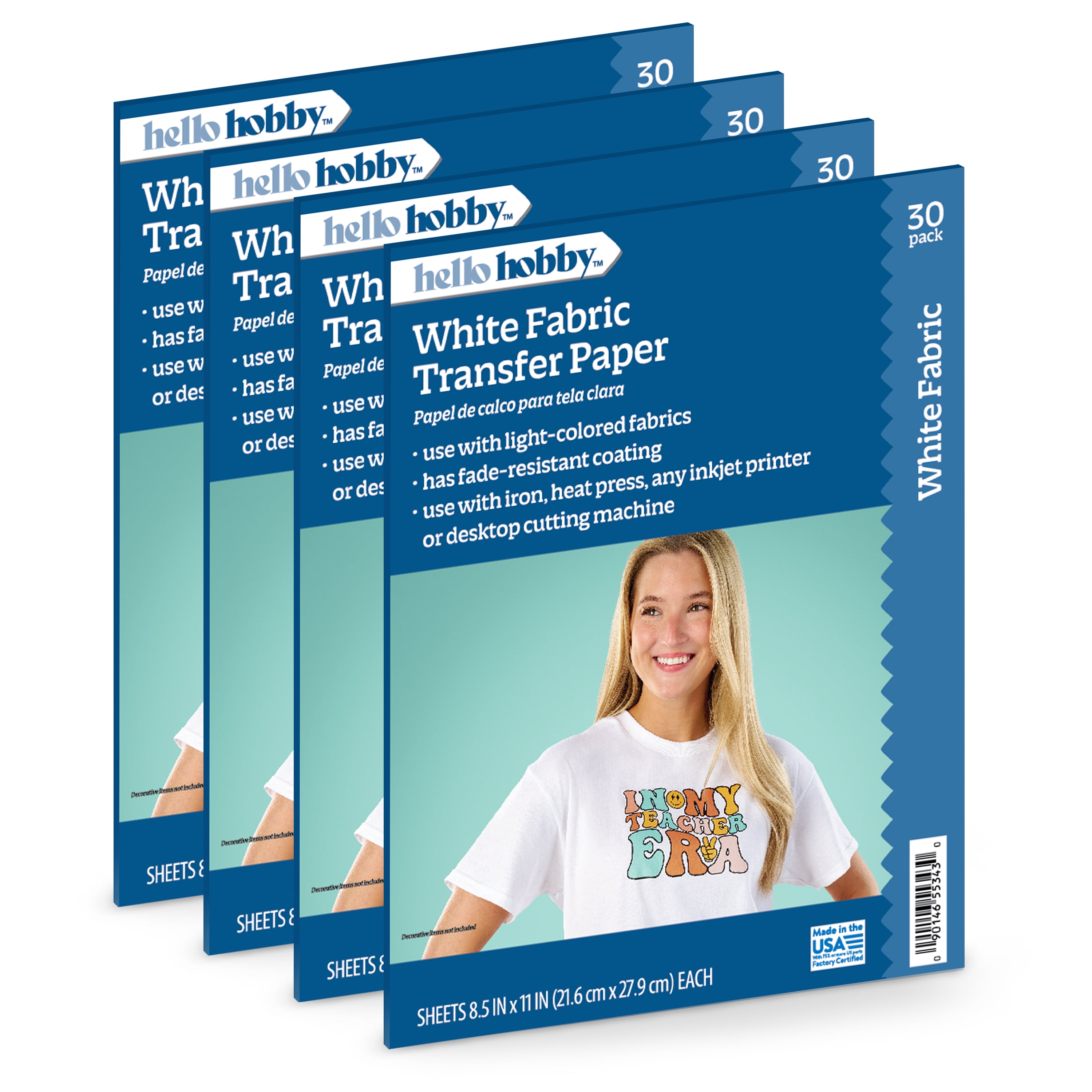 Hello Hobby Light Fabric Transfer Paper, Inkjet Printable, 8.5" x 11", 4 Packs (32 Sheets)