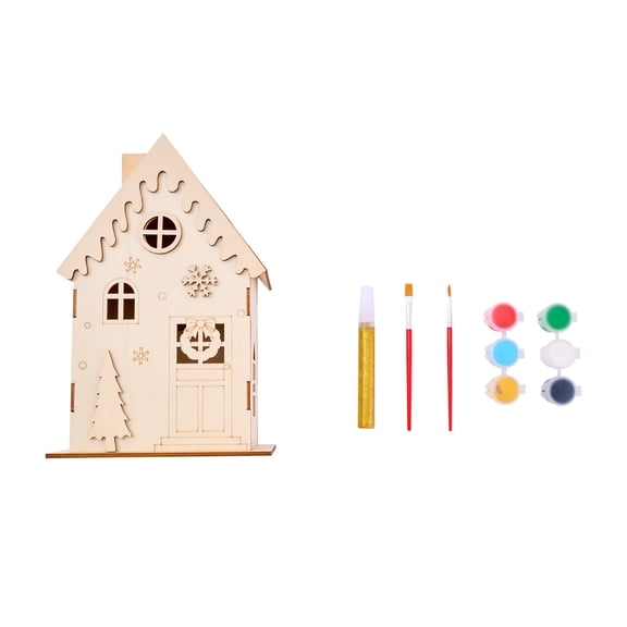 Hello Hobby Light up House with Paint Set, Christmas Wooden Craft Kit, 9.3 in x 6.3 in x 3.74 in
