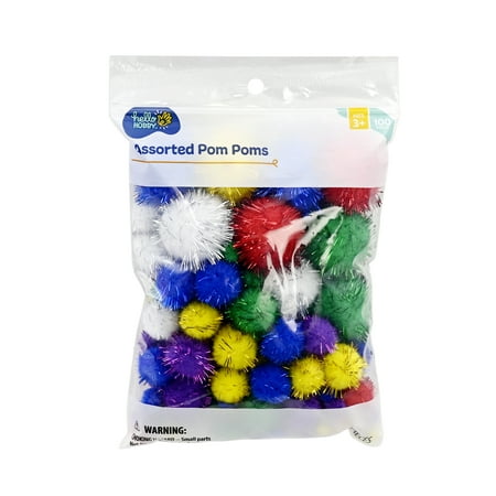 Hello Hobby Multicolor Glitter Craft Pom Poms, 100 Pieces