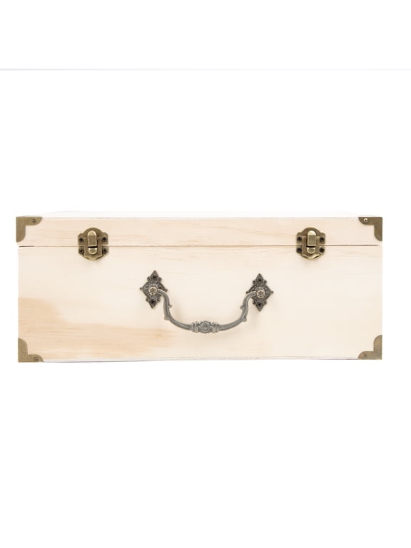 Natural Wood Keepsake Box with Metal Latches, Handle and Hinges, 12.60 in x 8.9 in x 5 in