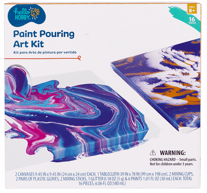 Hello Hobby Paint Pouring Kit, Multi-Color, Makes 2 Fluid Art Projects | Ages 8+, 16 Pieces