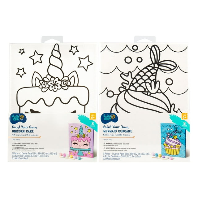 Hello Hobby Paint Your Own Mermaid and Cupcake Canvas Assortment, Each