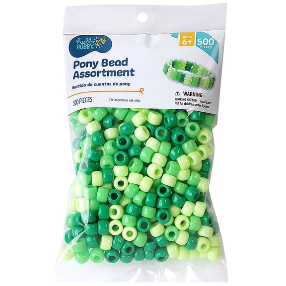 Hello Hobby Pony Bead Mix, Green, 500 Pieces, Plastic Craft Beads for Jewelry Making and DIY Projects