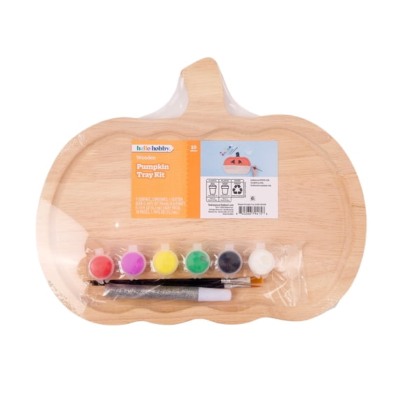 Hello Hobby Pumpkin Tray with Paint Set, Halloween & Harvest Wood Craft Kit, W 12.4x D 0.47"x H 10