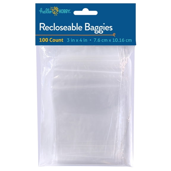 Hello Hobby Re-closable Poly Bags, 3 in x 4 in, 100 Count, Clear Jewelry and Craft Storage, USHH2232