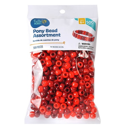 Hello Hobby Pony Bead Mix, Red, 500 Pieces, Plastic Craft Beads for Jewelry Making and DIY Projects