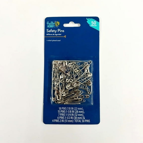 Hello Hobby Silver Safety Pins 50 Count with 5 Assorted Sizes, Nickel-Plated Steel