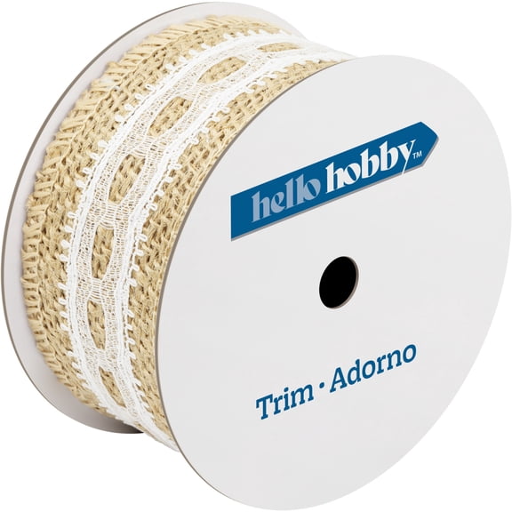 Hello Hobby White/Natural Lace Center Jute Sewing Trim, 1-1/2 in x 3 yd