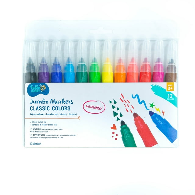 Hello Hobby Washable Jumbo Bullet Tip Markers, Classic Colors, 12Pcs